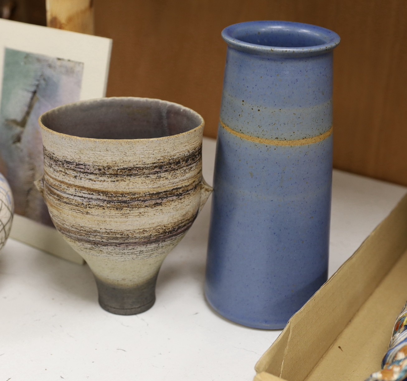 A Gordon Cooke abstract studio pottery panel, together with a Bernard Charles vase and other studio pottery, tallest 22cm